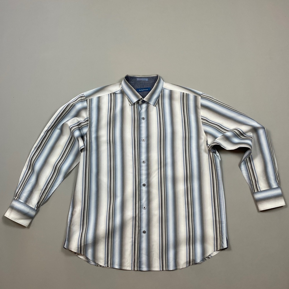 Tommy Bahama Mens XL Blue Grey Striped CottonSilk Blend Long Sleeve Button Shirt
